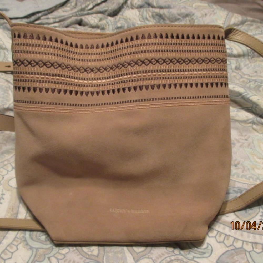 Lucky Brand Suede Tan Crossbody Embroidered
